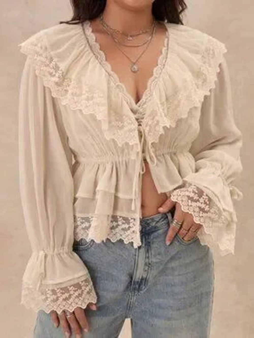 Apricot Casual Women's Patchwork Ruffle Front Tie Chiffon Blouse